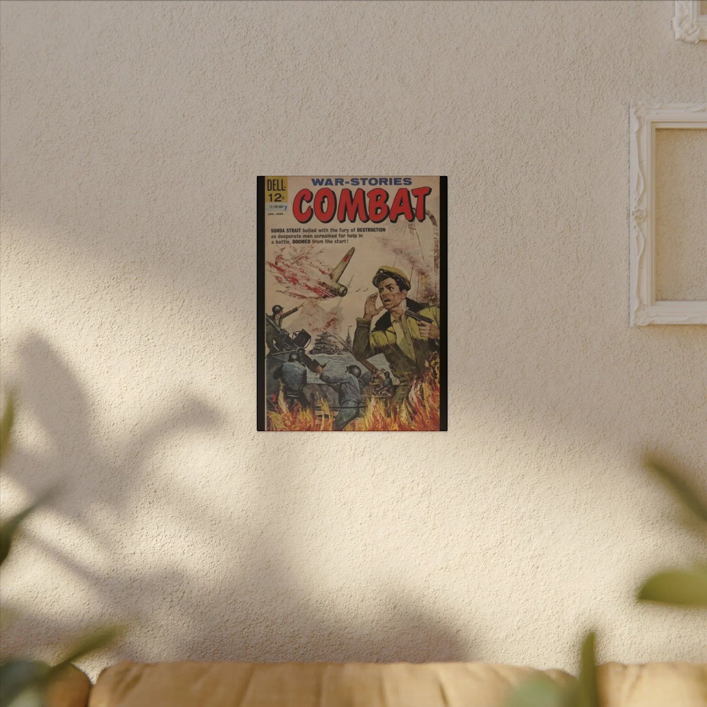 Close-up of the rugged canvas texture with visible stitching and faded Mar 1963 stamp, highlighting vintage military detail.