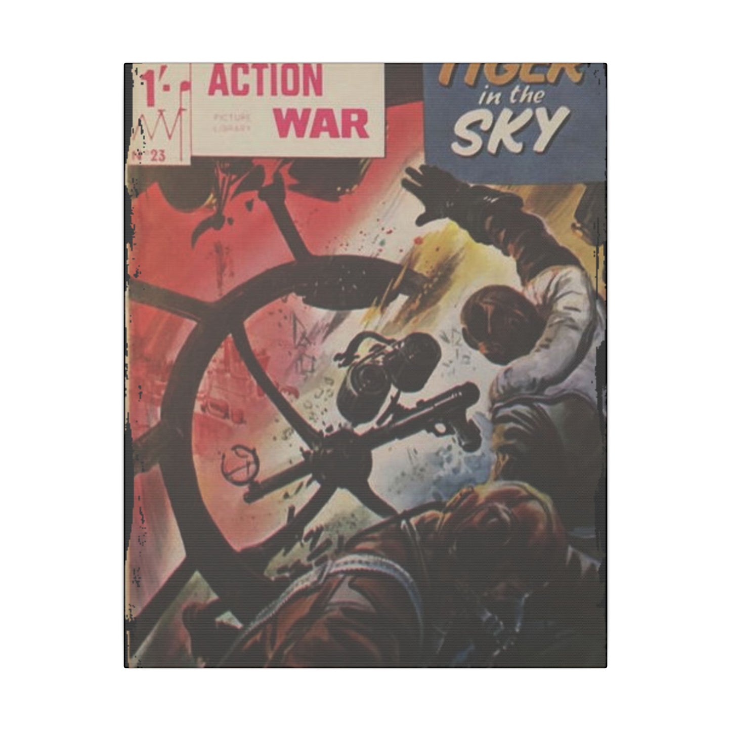 Close-up of the "Action War #23" comic book cover highlighting vivid orange and black colors with textured canvas finish and