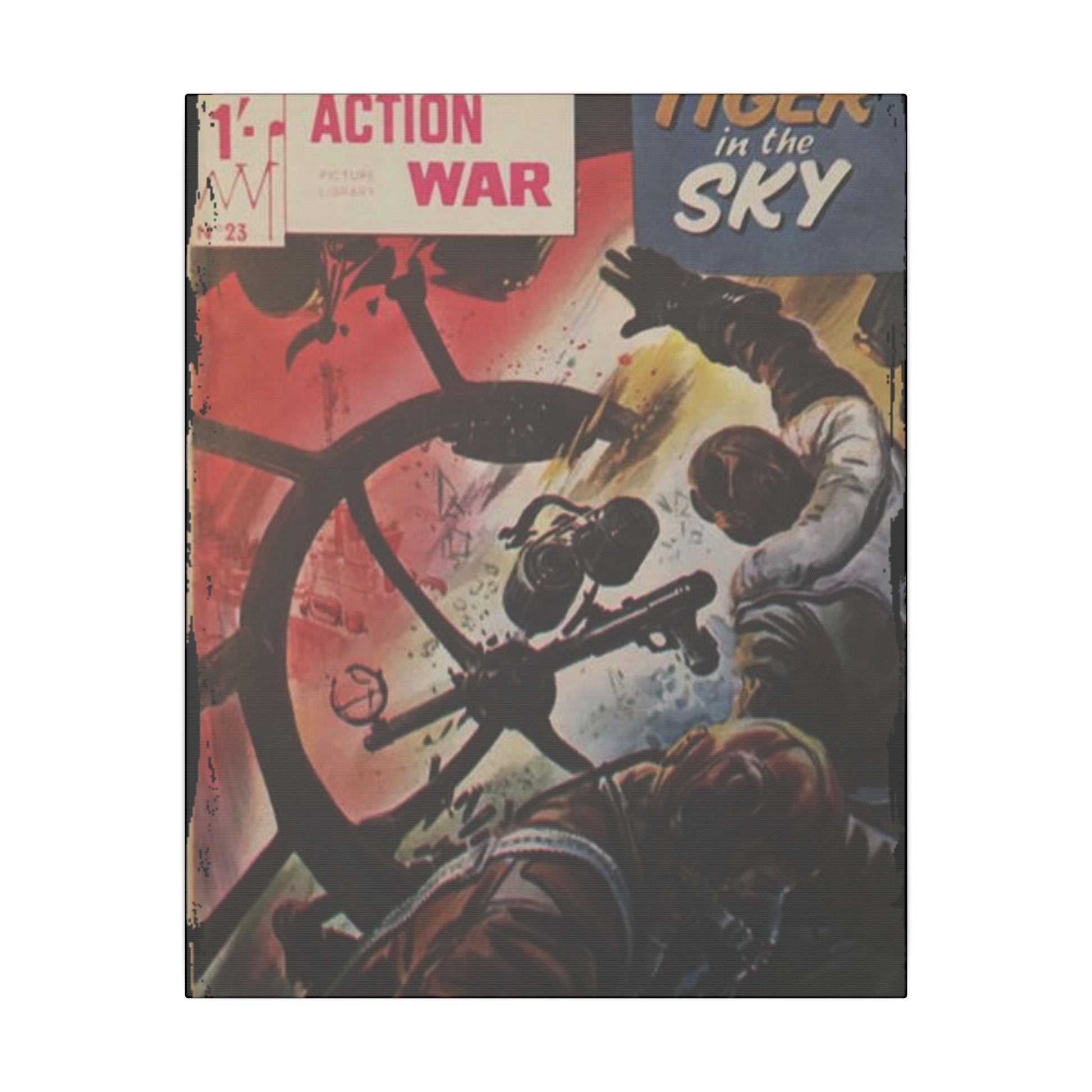Close-up of the "Action War #23" comic book cover highlighting vivid orange and black colors with textured canvas finish and