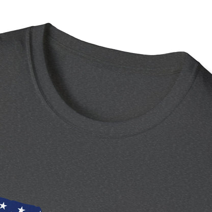 Close-up of the American Flag Guns graphic on the chest area, showcasing vibrant colors and detailed print on soft cotton
