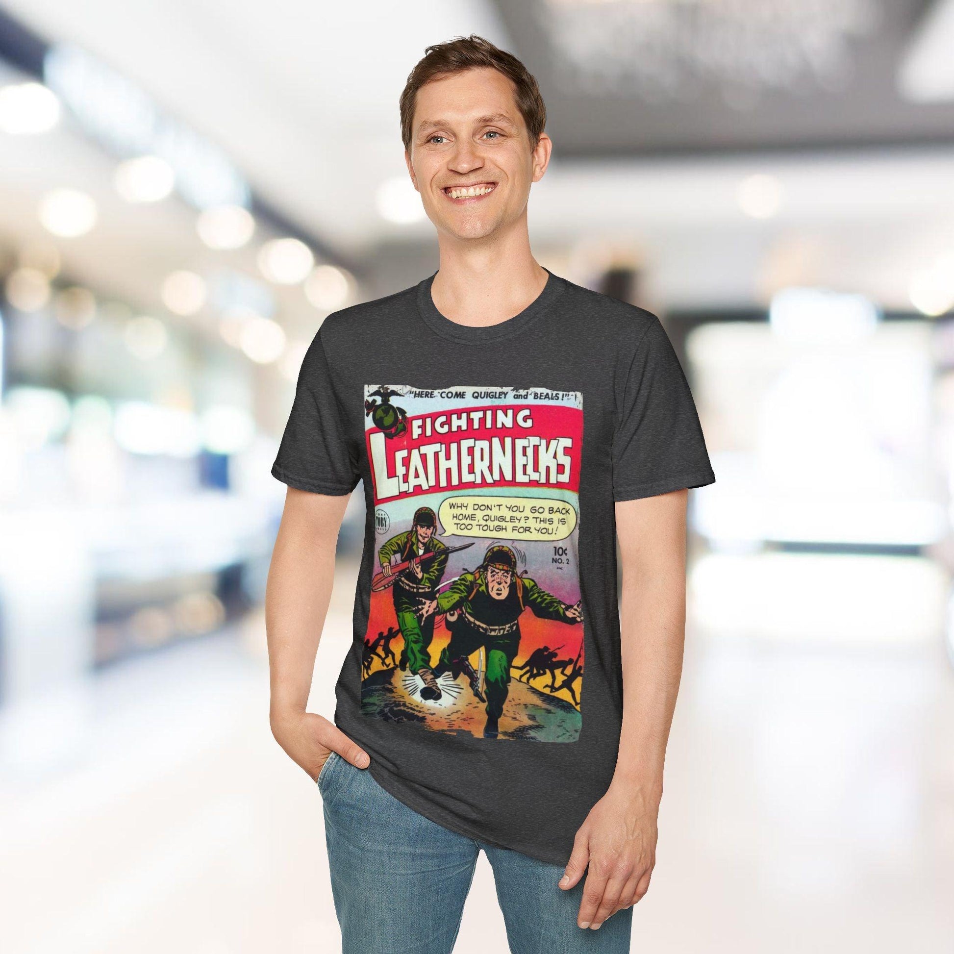 Close-up of the unisex softstyle T-shirt’s collar and neckline, showing the neat stitching and smooth fabric texture in