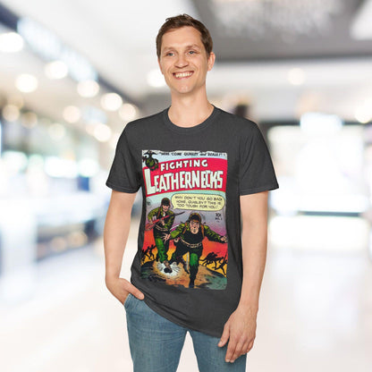 Close-up of the unisex softstyle T-shirt’s collar and neckline, showing the neat stitching and smooth fabric texture in