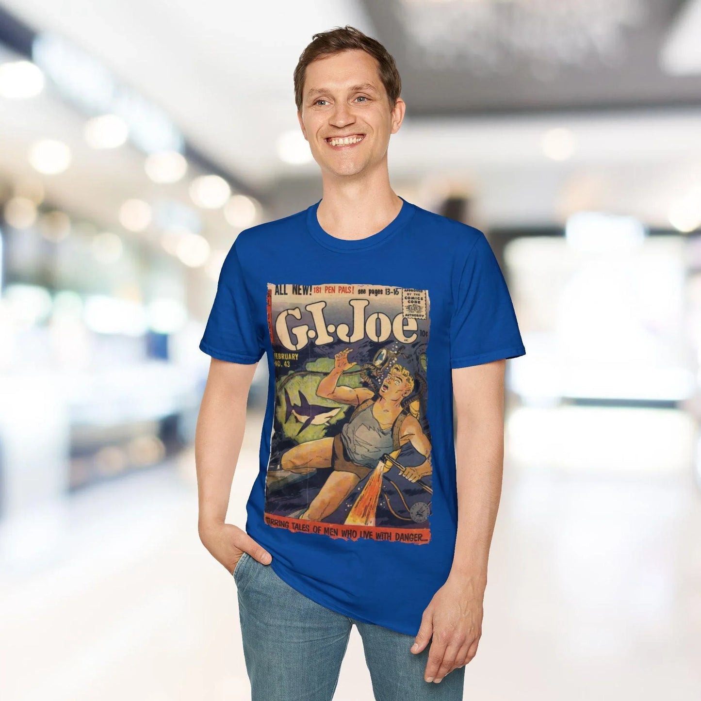 Close-up of the G.I. Joe No.43 softstyle T-shirt's relaxed fit and vibrant navy color, highlighting the smooth cotton fabric