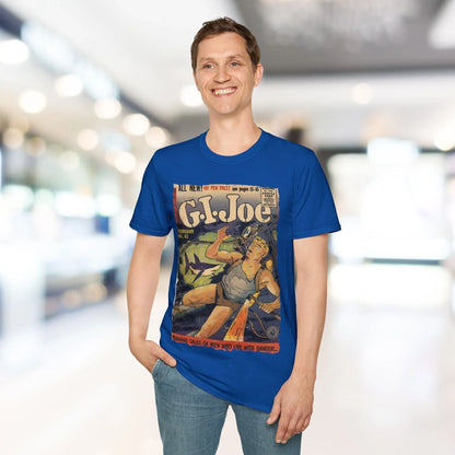 Close-up of the G.I. Joe No.43 softstyle T-shirt's relaxed fit and vibrant navy color, highlighting the smooth cotton fabric