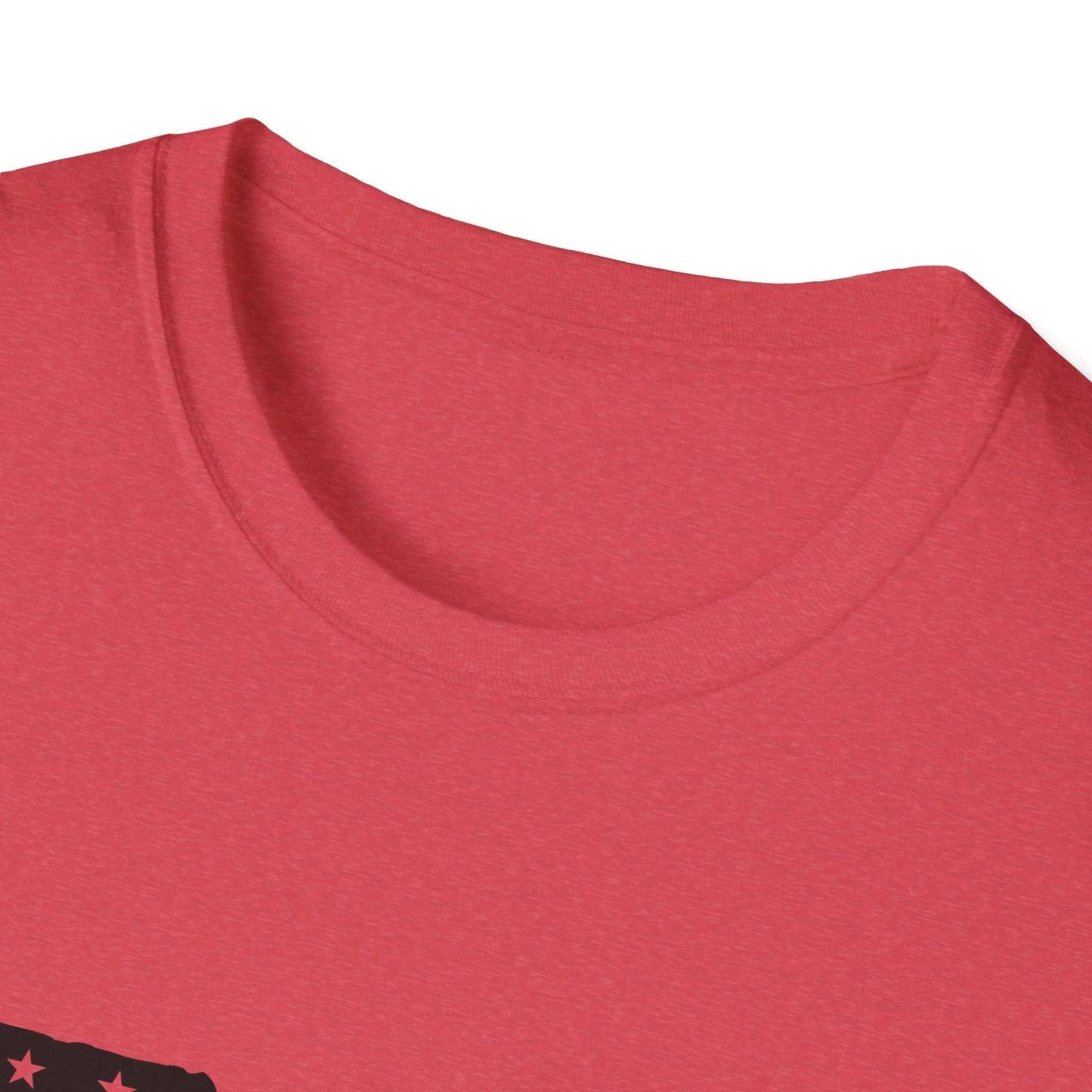 Close-up of the black-and-white American flag graphic on the soft, slim-fit unisex T-shirt's chest area showing detailed
