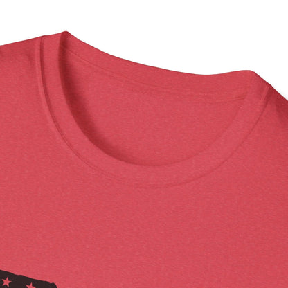 Close-up of the black-and-white American flag graphic on the soft, slim-fit unisex T-shirt's chest area showing detailed