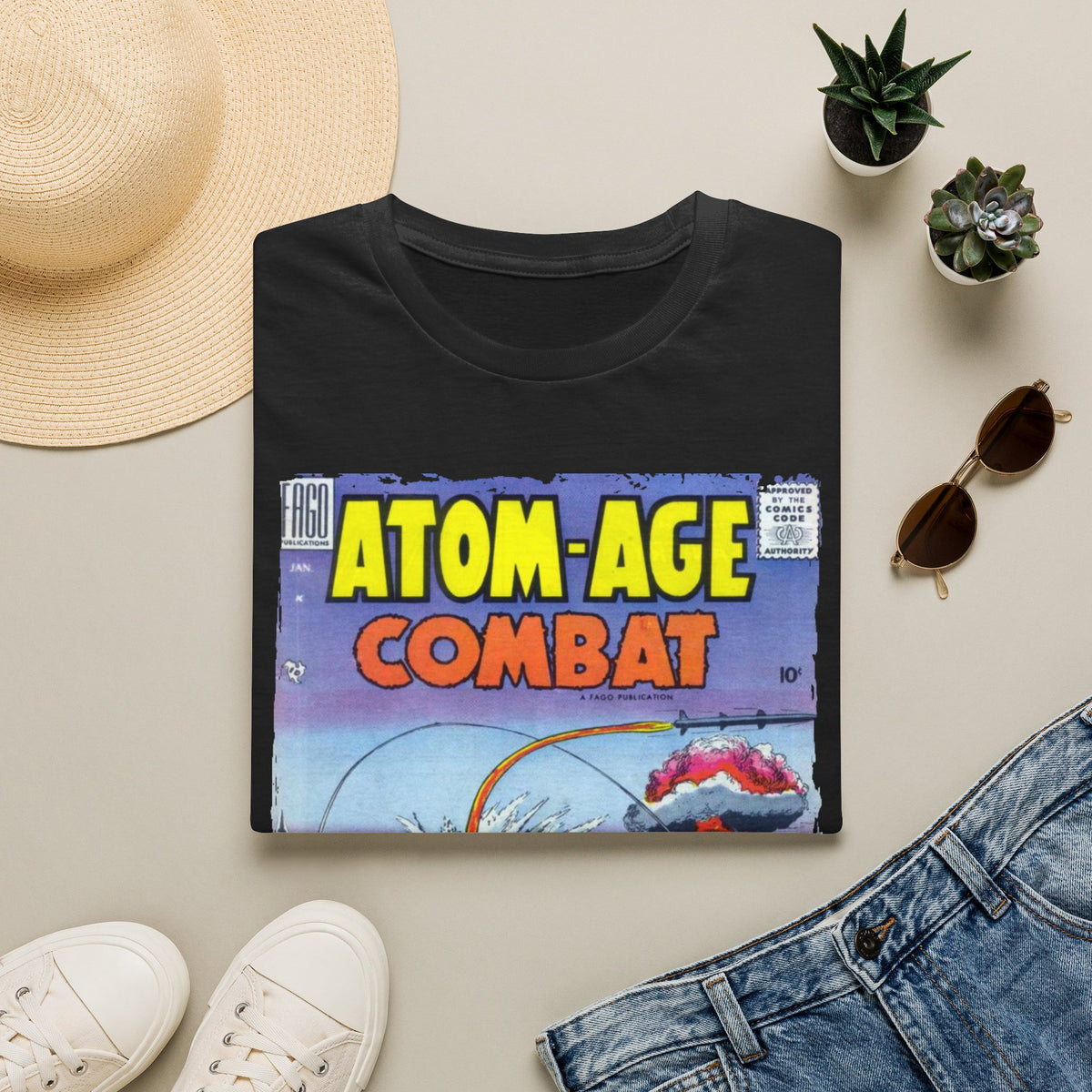 Rear chest tag detail highlighting "Atom-Age Combat No.2" branding on unisex softstyle T-shirt in black fabric with a crew