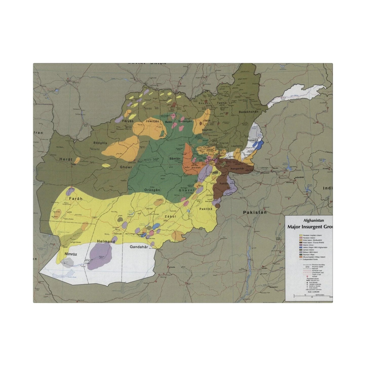 Close-up of canvas texture highlighting detailed print of Afghanistan insurgent groups map with subtle color variations and