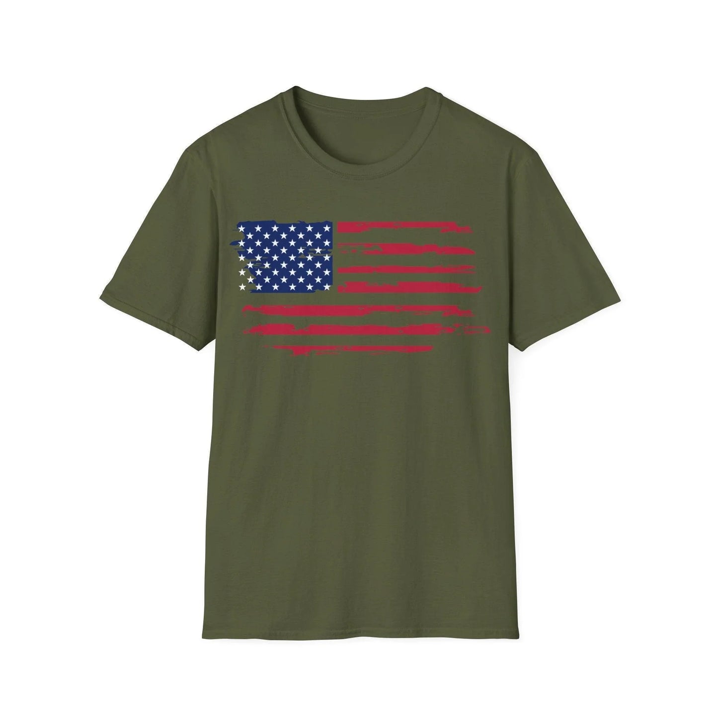 Close-up of distressed American flag graphic on red relaxed-fit T-shirt’s front neckline, showcasing vibrant pattern and