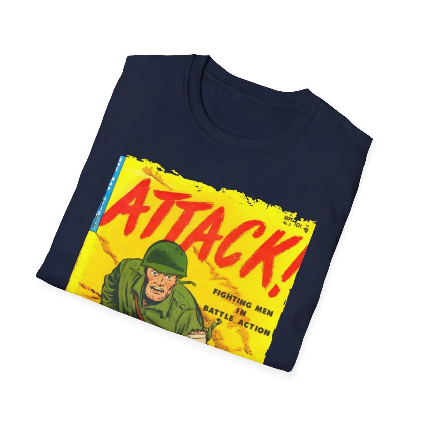 Close-up of the Attack! Sept 1952 unisex softstyle T-shirt’s smooth, relaxed-fit fabric in deep navy, highlighting subtle