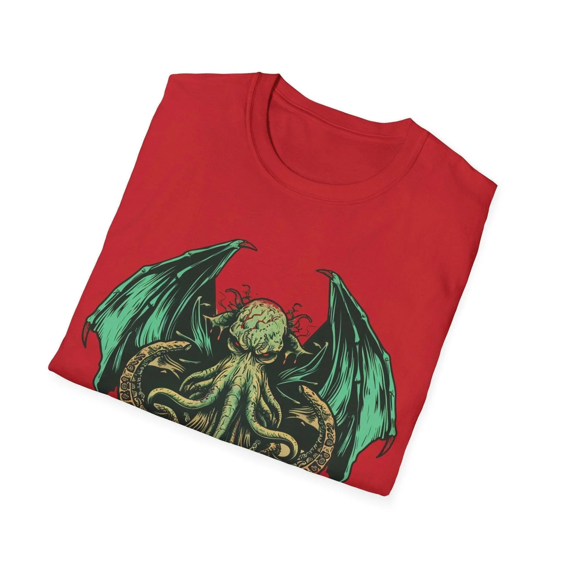 Close-up of the soft red cotton fabric and crew neckline detail on the Cthulhu "Lesser Evil" unisex T-shirt, showing