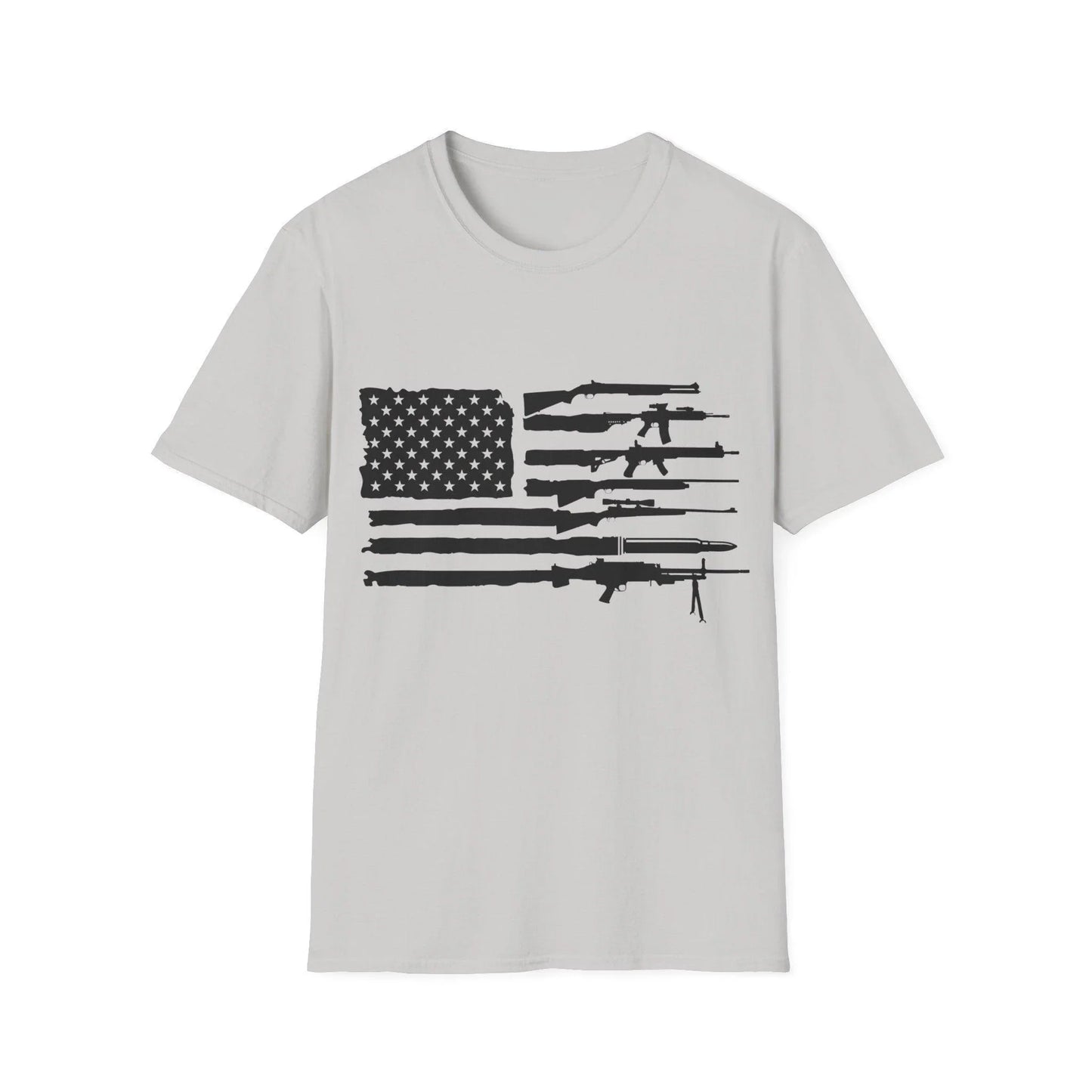 Close-up of the black and white American flag graphic on the chest area, highlighting the crisp print and relaxed fit of the