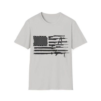 Close-up of the black and white American flag graphic on the chest area, highlighting the crisp print and relaxed fit of the