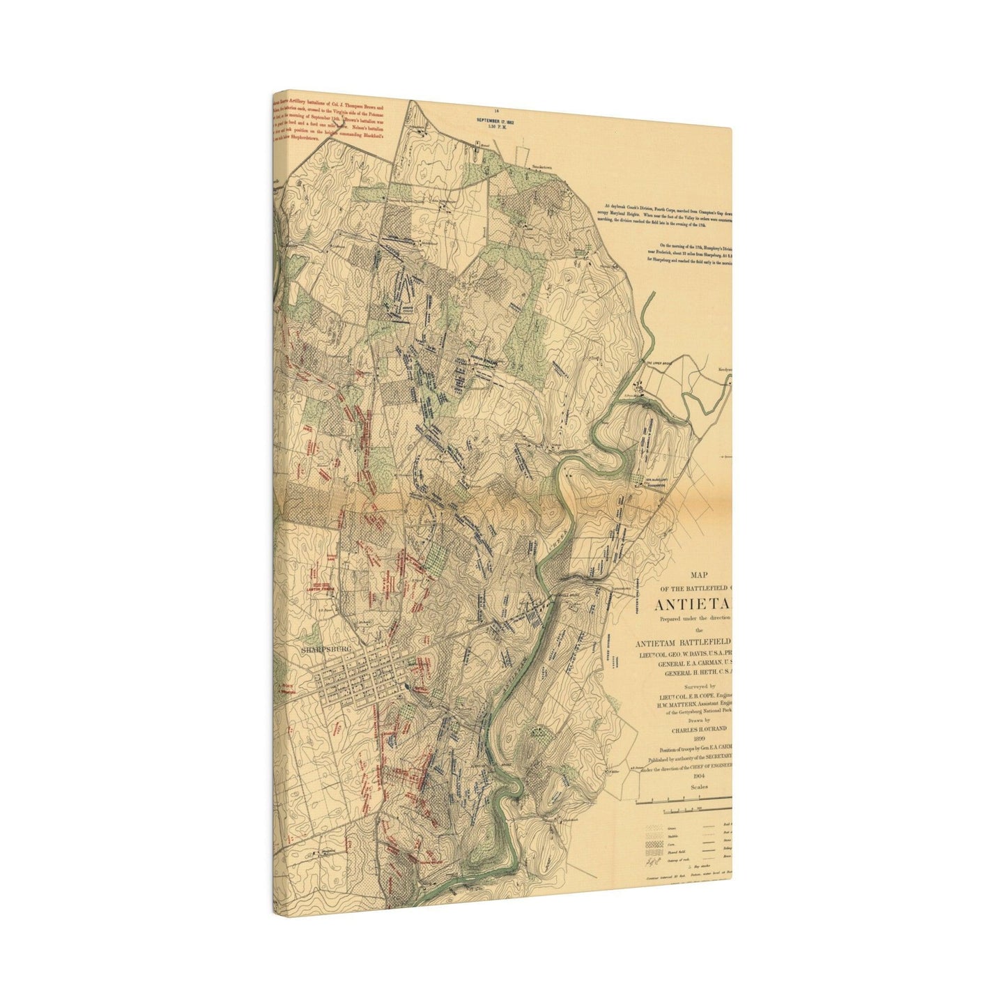 Close-up of textured canvas showcasing detailed brushstrokes and aged surface in muted battlefield colors