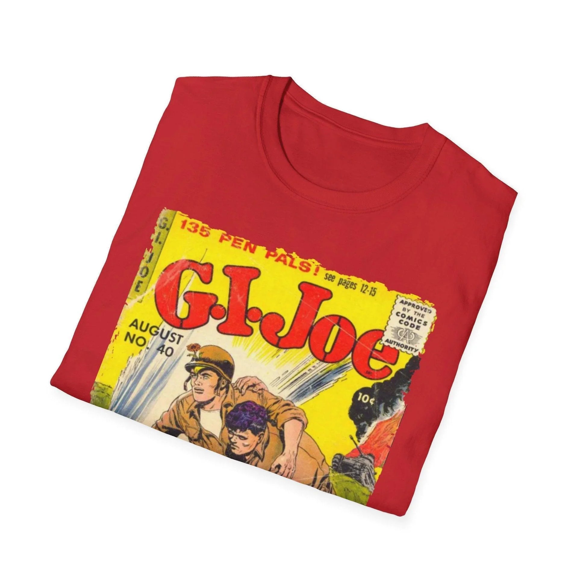 Close-up of the G.I. Joe No.40 T-shirt's printed neckline label and soft extendable fabric edge detail.