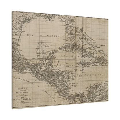 Close-up of the detailed vintage map texture highlighting Caribbean islands and intricate line work on canvas print