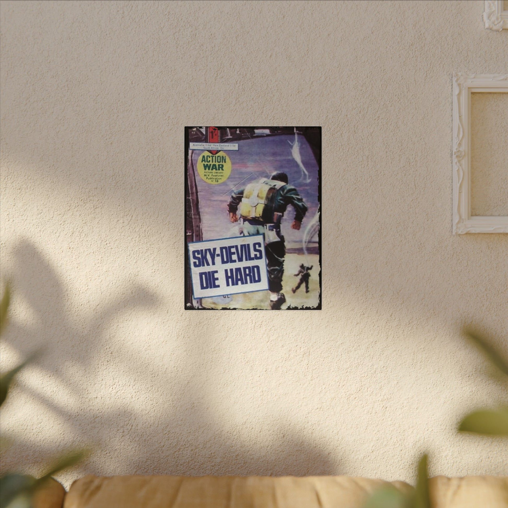 Close-up of the canvas texture highlighting vibrant print details and subtle brushstroke effects on the "Action War #13"