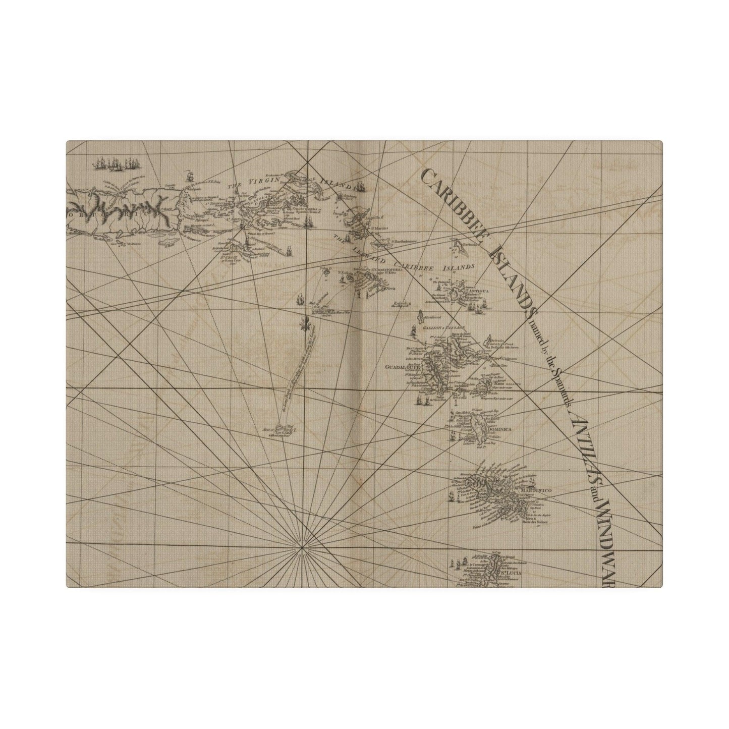 Close-up of vibrant island map detail highlighting colorful port towns and textured canvas surface from above angle.