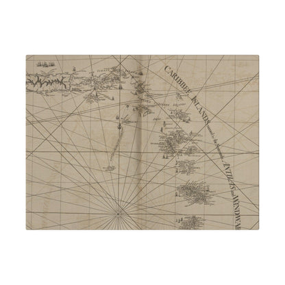 Close-up of vibrant island map detail highlighting colorful port towns and textured canvas surface from above angle.