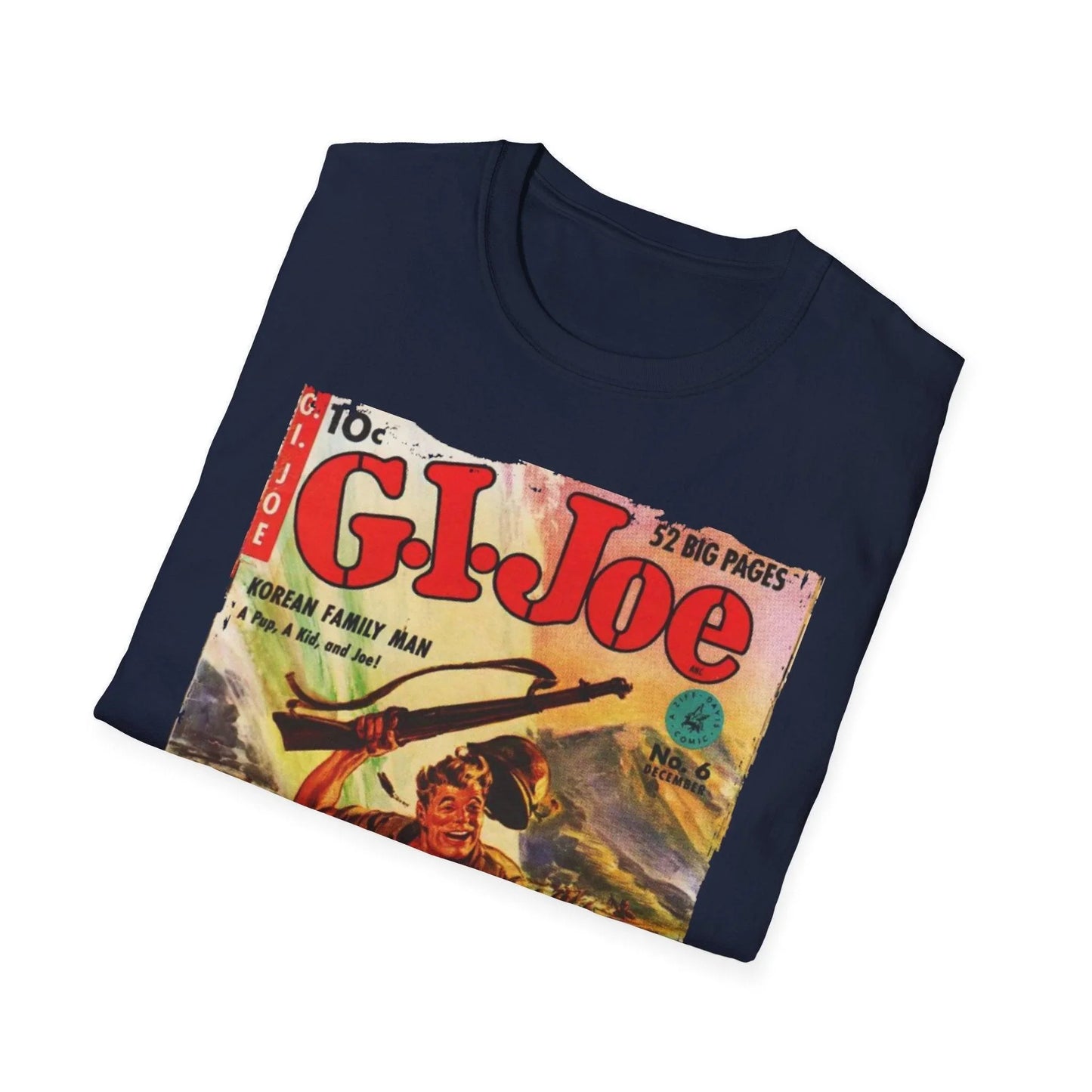 Close-up of the G.I. Joe No.6 unisex softstyle T-shirt's bold front graphic design on smooth cotton fabric, showcasing