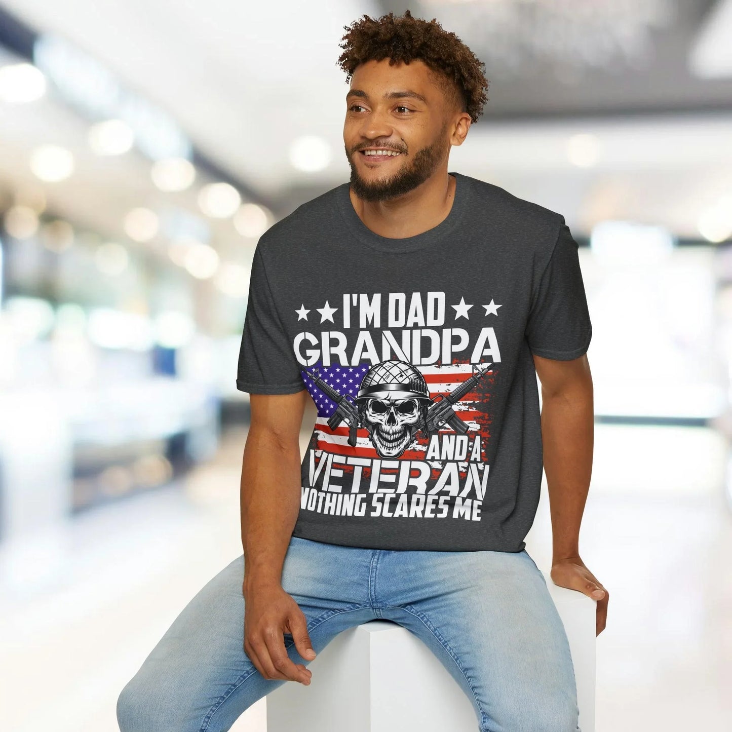 Close-up of the soft fabric weave and navy blue color showing subtle heather texture on the Dad Grandpa Veteran T-Shirt's