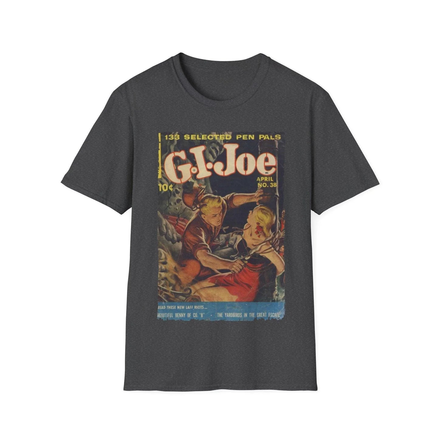 Close-up of the G.I. Joe No.38 unisex softstyle T-shirt’s crew neckline and smooth heather gray fabric texture showing