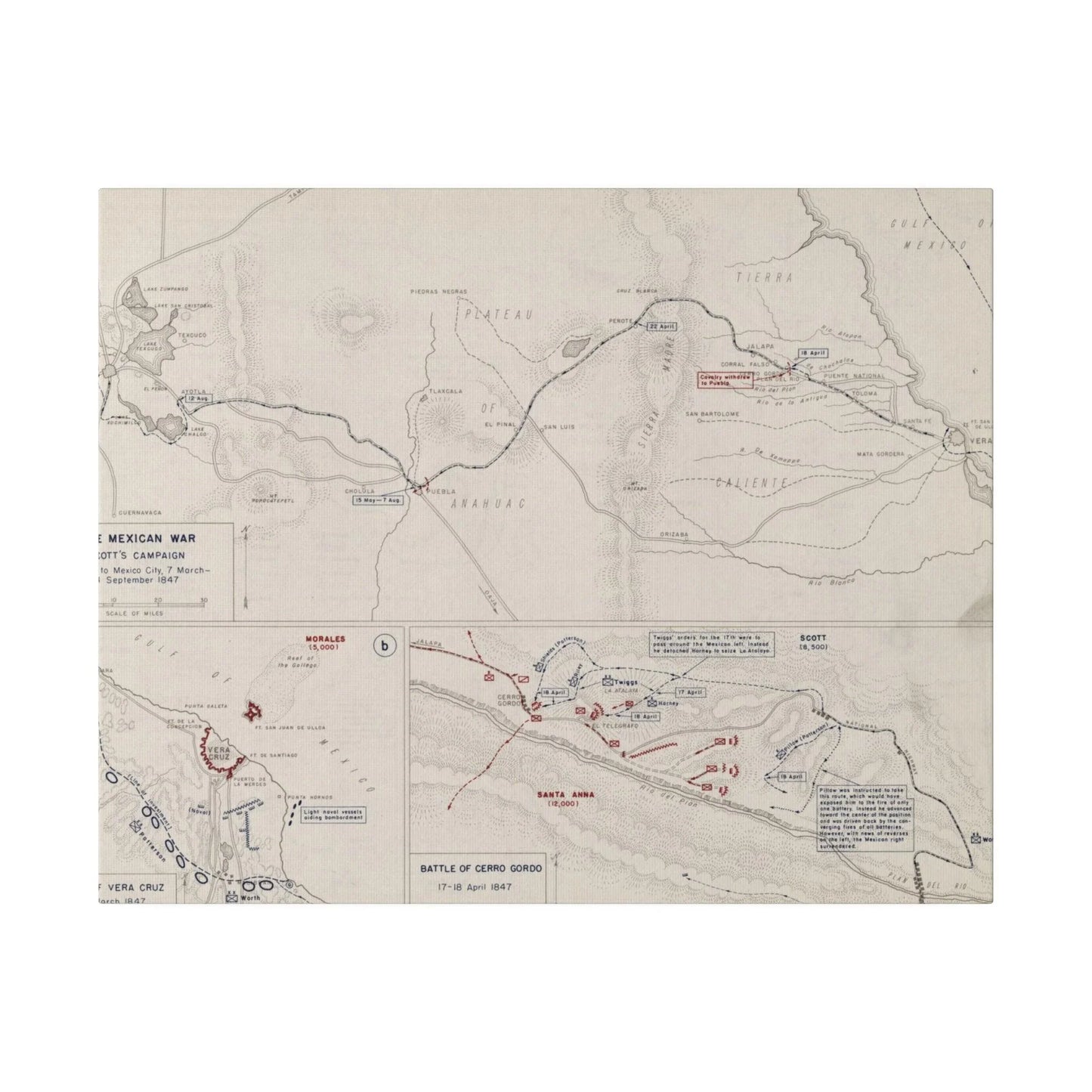 Detailed close-up of the canvas texture and brushstrokes highlighting the vintage map detail from Scott’s 1847 campaign