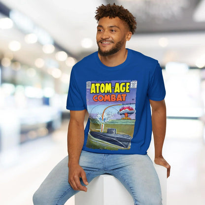 Close-up of the Atom-Age Combat No.2 unisex softstyle T-shirt's deep navy fabric highlighting smooth texture and subtle