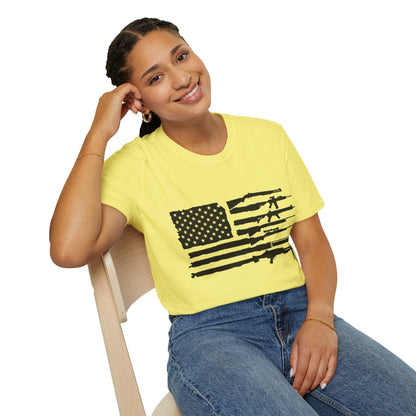 Close-up of the American Flag Guns B&W graphic on the chest area, showcasing detailed monochrome print on soft cotton fabric.