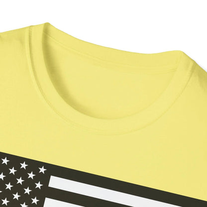 Close-up of the American Flag Heartbeat B&W design on the chest area, highlighting crisp black and white print on soft