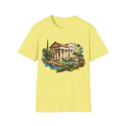 Close-up of the unisex softstyle T-shirt's collar and tag, highlighting the smooth fabric blend and comfortable neckline