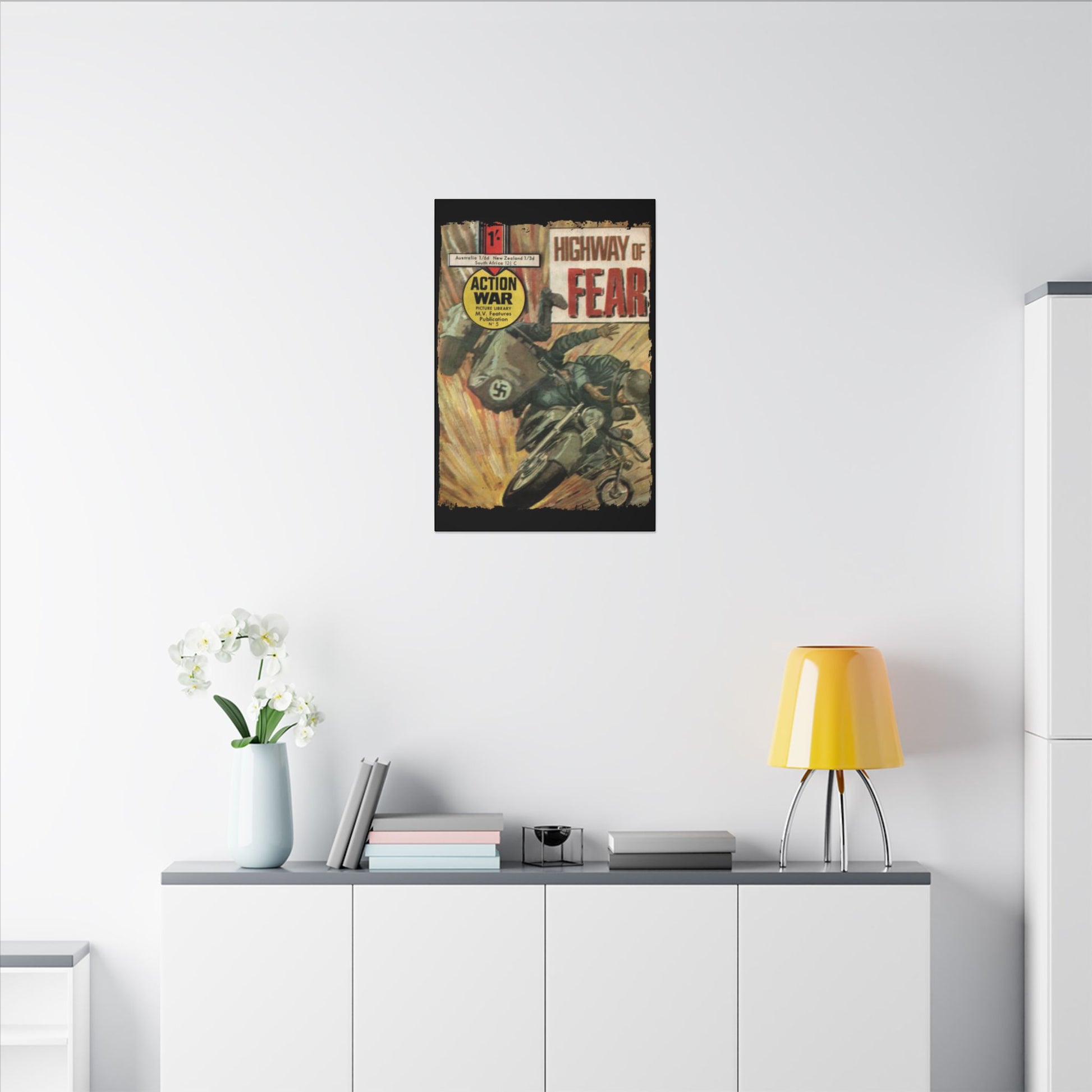 Close-up of the woven canvas texture on the Action War #5 cover showing detailed ink accents and vibrant color edges.