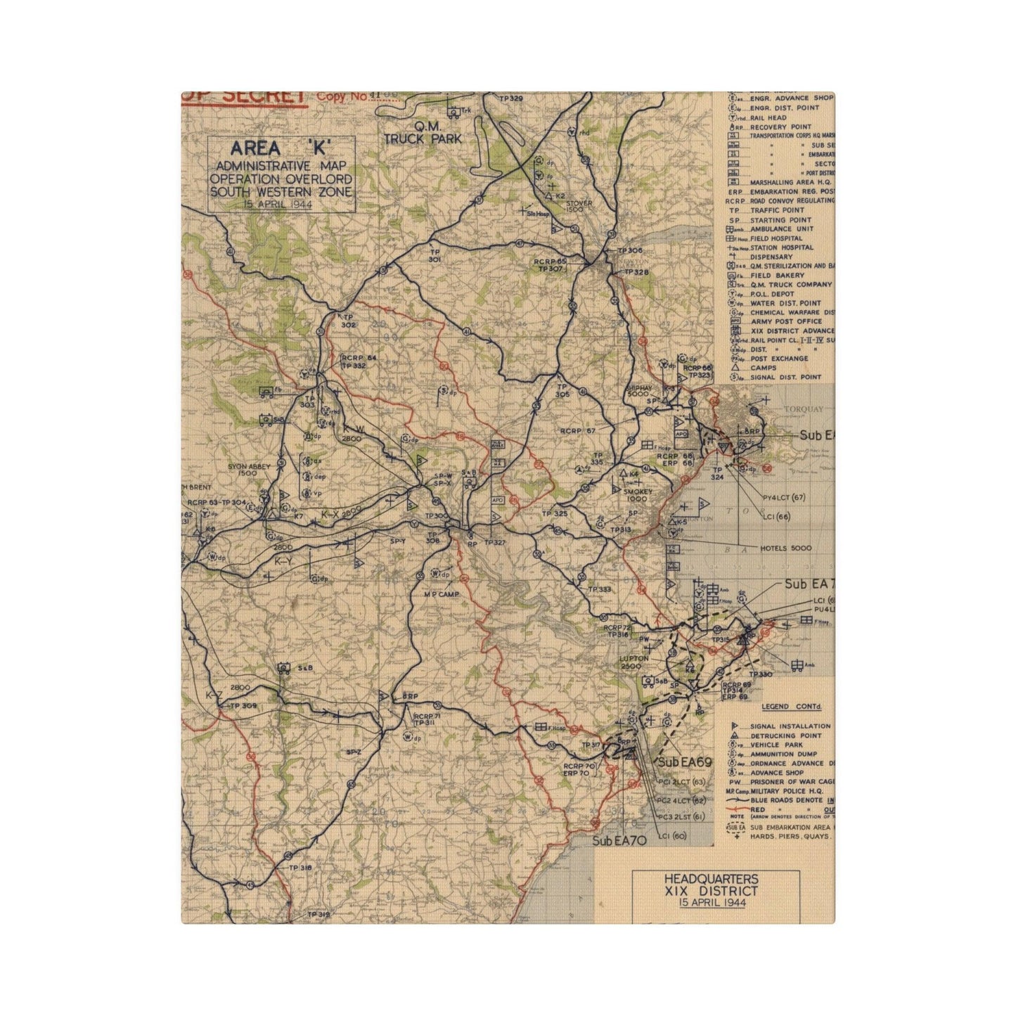 Close-up of detailed map markings and handwritten notes on the Southwestern Zone section, highlighting terrain features and