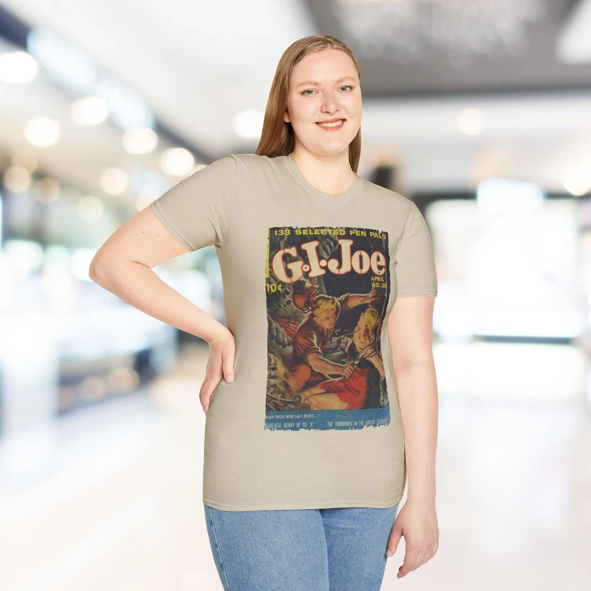 Close-up of the G.I. Joe No.38 softstyle T-shirt’s fabric detail showing relaxed fit and heather navy color from a slightly