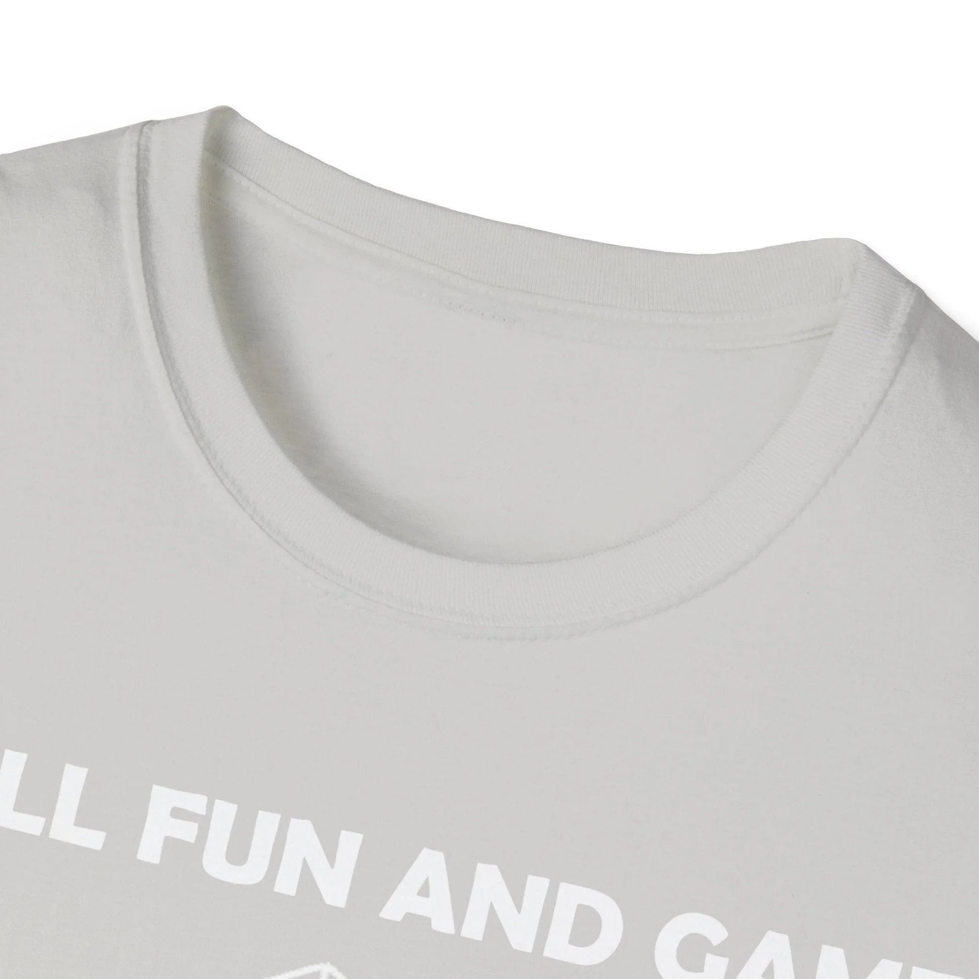 Close-up of the white unisex softstyle T-shirt fabric displaying smooth texture and subtle stitching details from a