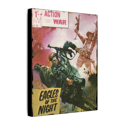 Close-up of the vibrant comic book cover art featuring bold action scenes and dynamic color contrasts on the canvas print.