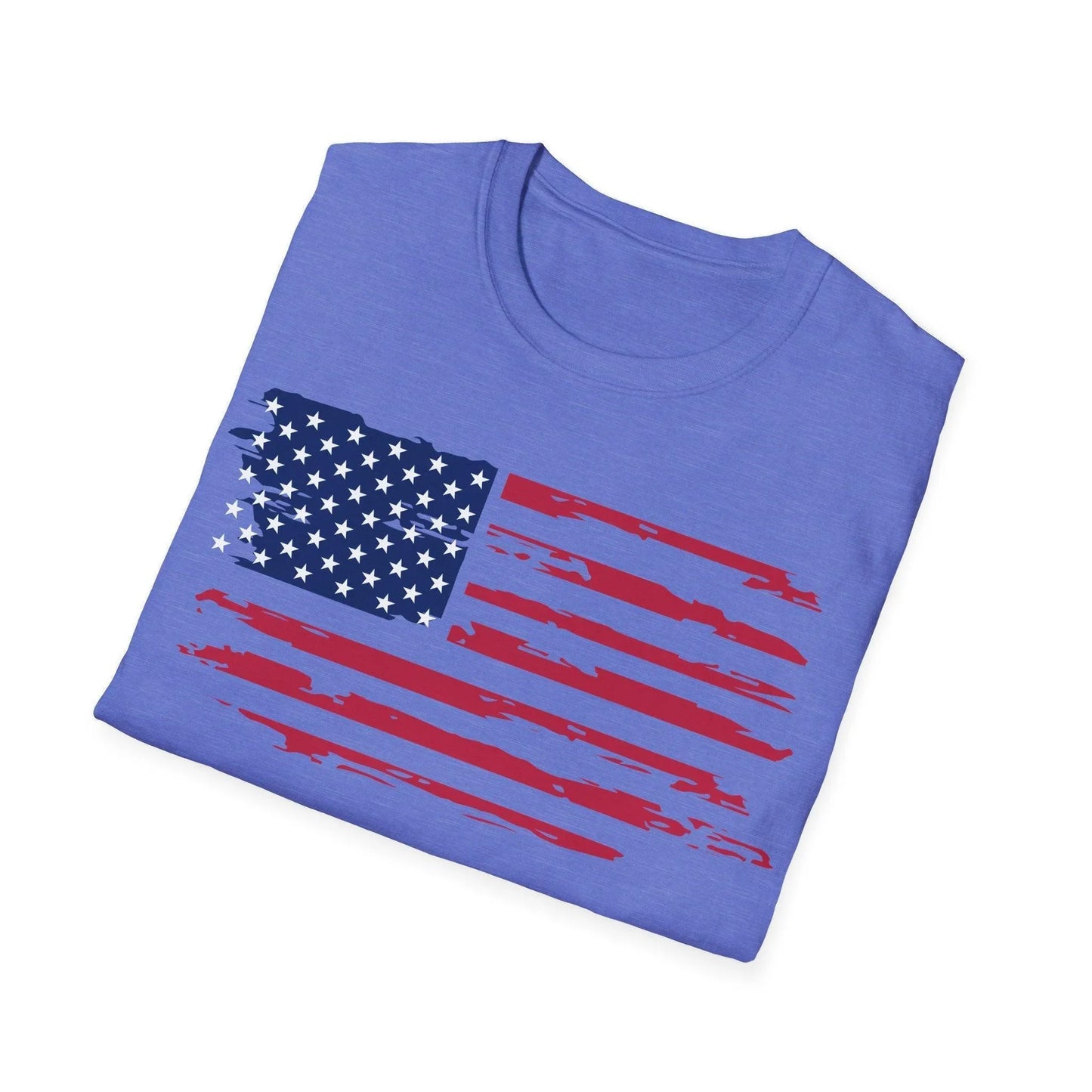 Close-up of distressed American flag pattern with faded colors and torn edges on the soft cotton fabric of the unisex