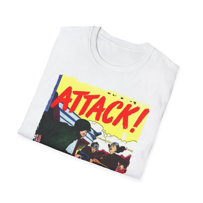 Close-up of the Attack! No. 7 unisex softstyle T-shirt's navy fabric showing the smooth texture and reinforced neckline