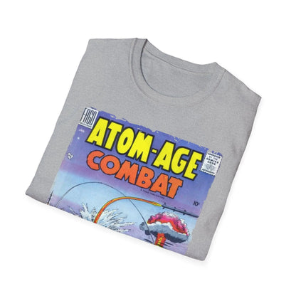 Close-up of the Atom-Age Combat No.2 unisex softstyle T-shirt’s hem showing vibrant black color and stitched detail from a