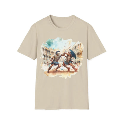 Close-up of the unisex T-shirt's relaxed fit neckline and soft fabric texture in charcoal gray from a front angled