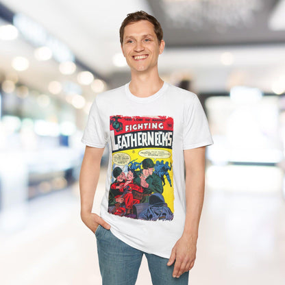 Close-up of the unisex softstyle T-shirt's collar showing subtle stitching and smooth fabric texture in deep navy color.