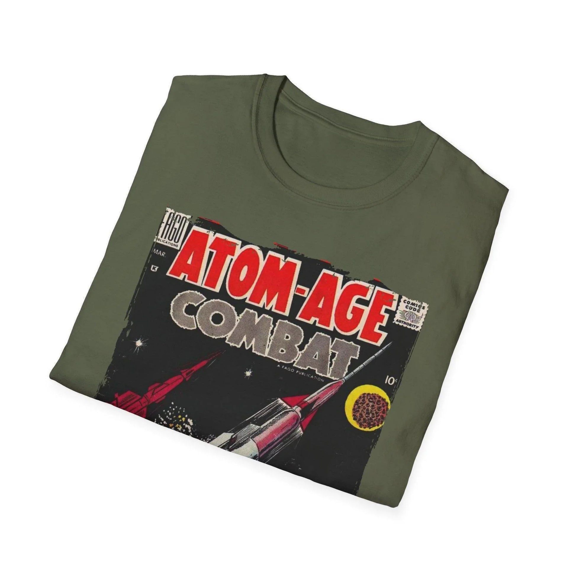 Close-up of the Atom-Age Combat No.3 T-shirt label sewn into the relaxed fit, showing black text on vibrant red fabric detail