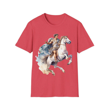 Close-up of the ancient mounted general graphic featuring detailed brush strokes on the soft cotton fabric and relaxed fit.