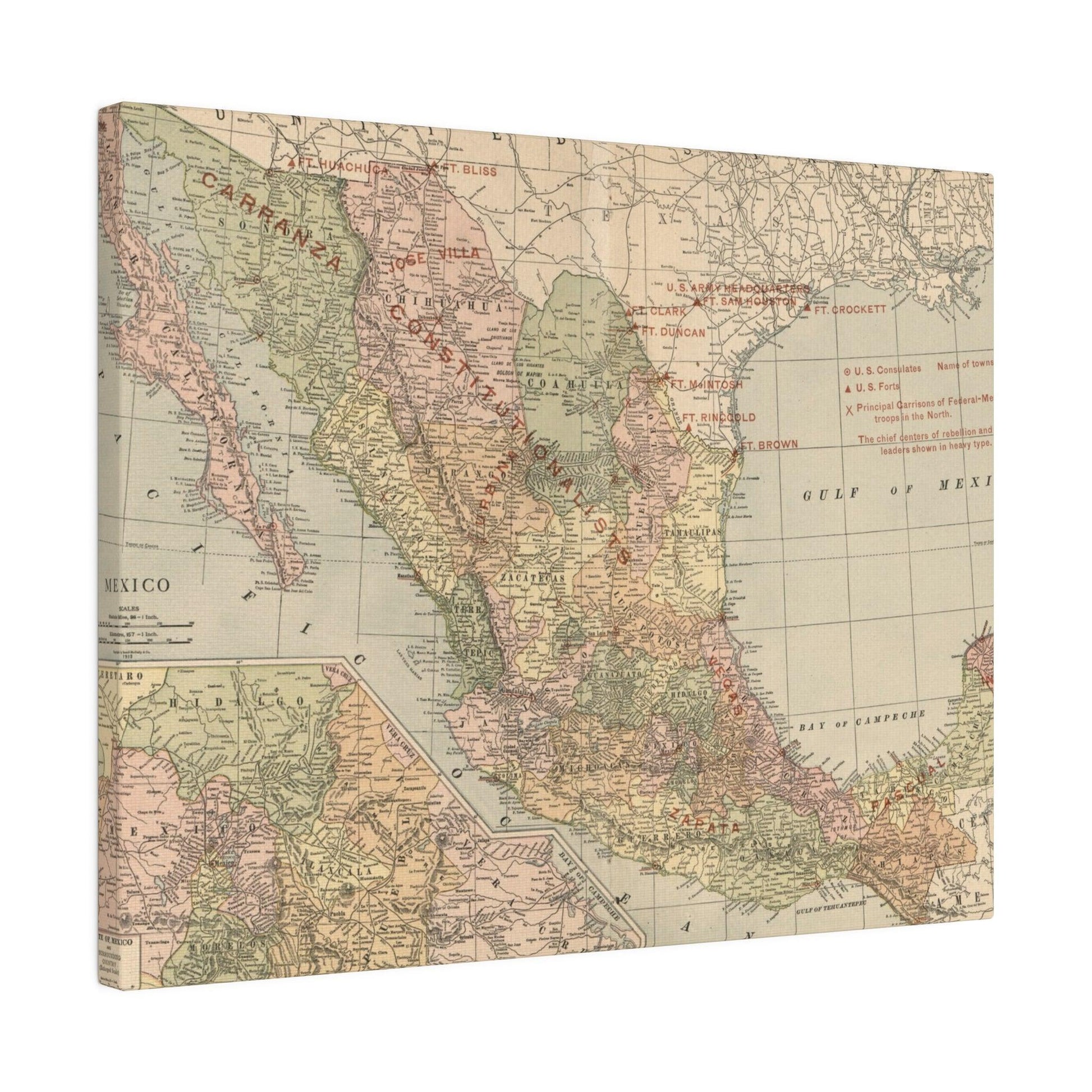 Close-up of textured canvas surface highlighting vibrant colors and detailed brushstrokes of the Mexican Revolution 1913