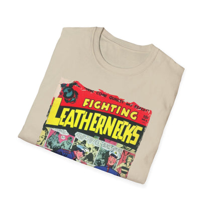 Close-up of the unisex softstyle fabric tag and neatly stitched neckline on the fighting leathernecks #6 T-shirt in heather