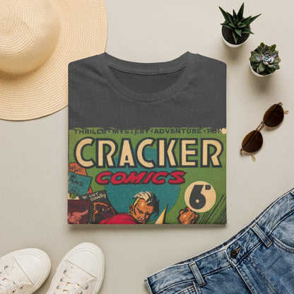Close-up of the Cracker 1943 unisex softstyle T-shirt’s fabric texture showing the smooth, relaxed fit in olive green from a