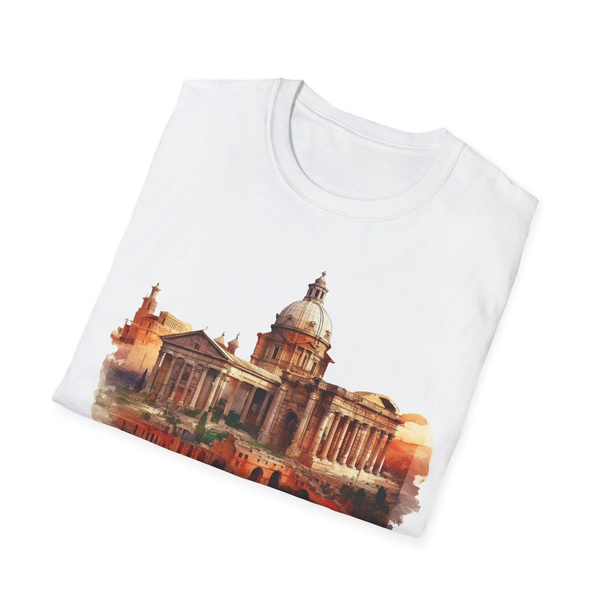 Close-up of the unisex softstyle T-shirt's breathable cotton fabric with subtle heather texture and reinforced neckline