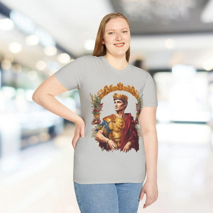 Close-up of the unisex relaxed fit, heather gray fabric showing soft texture and subtle stitching detail on the Ancient