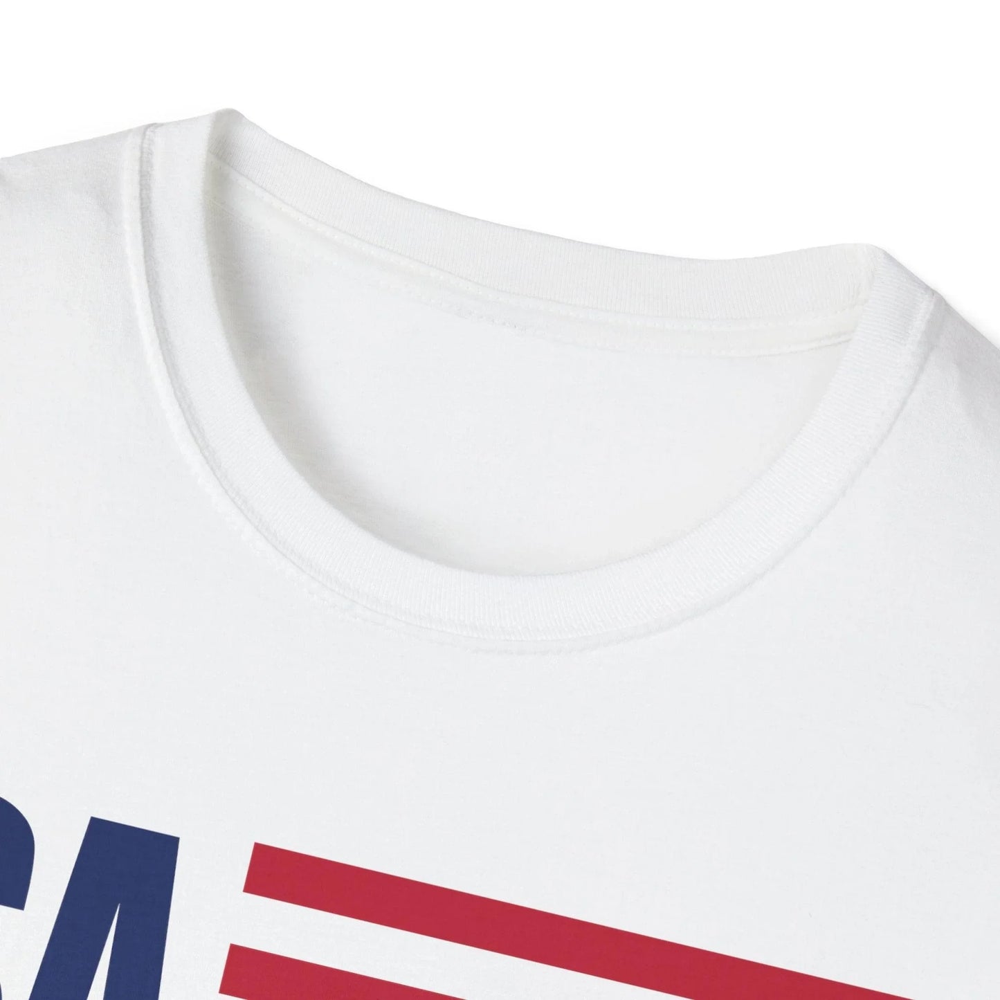 Close-up of the American Flag USA colors printed on the front of the unisex softstyle T-shirt showing vibrant red, white