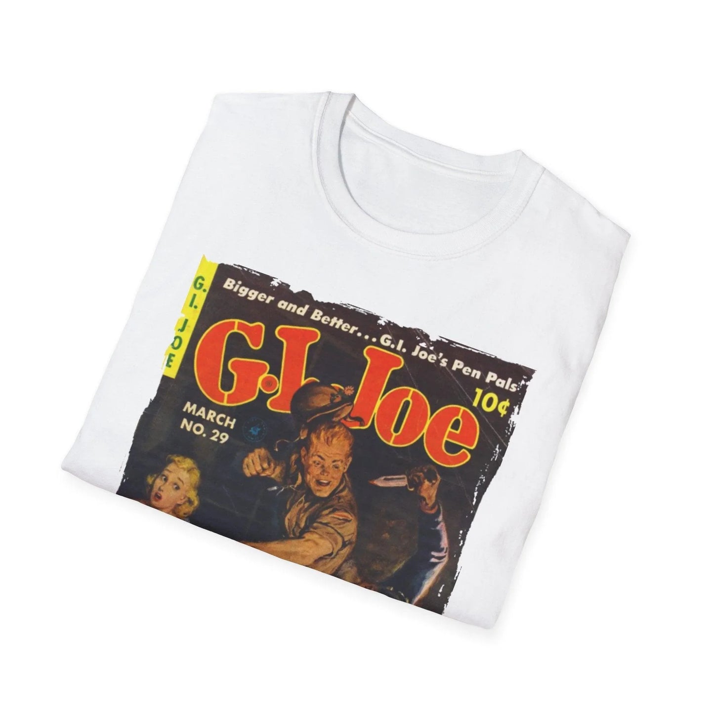 Close-up of G.I. Joe No.29 unisex softstyle T-shirt fabric showing smooth matte texture and relaxed fit collar detail.